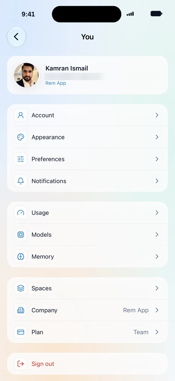 MatesBot iPhone app account screen with Account, Appearance, Preferences, Notifications, Usage, Models, Memory, Spaces, Company, and Plan settings