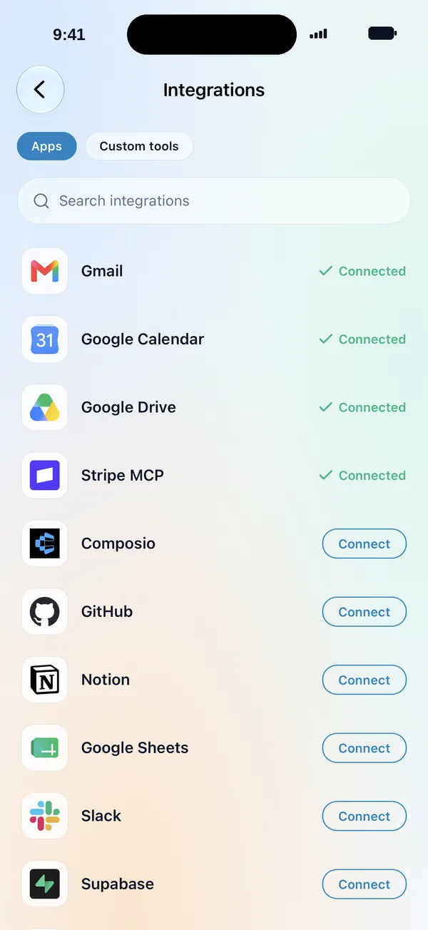 MatesBot iPhone app Integrations screen: Gmail, Google Calendar, Google Drive, and Stripe connected, with Composio, GitHub, Notion, Google Sheets, Slack, and Supabase ready to connect