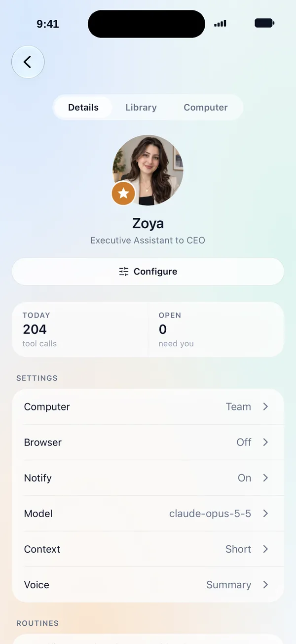 MatesBot iPhone app teammate details for an Executive Assistant teammate: tool calls today, items that need you, and settings for computer, browser, notifications, model, context, and voice