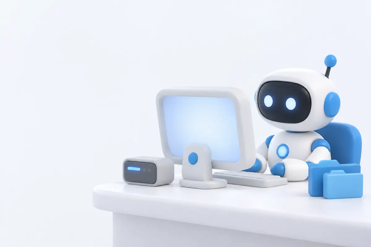 Illustration of an AI teammate working at its own desktop computer with a terminal box and folders