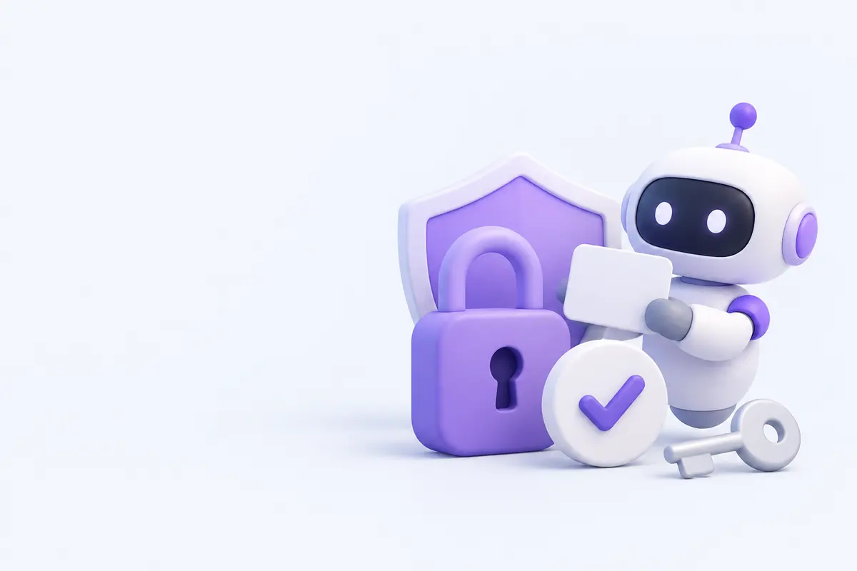 Illustration of an AI teammate holding up a request next to a padlock, shield, check mark, and key