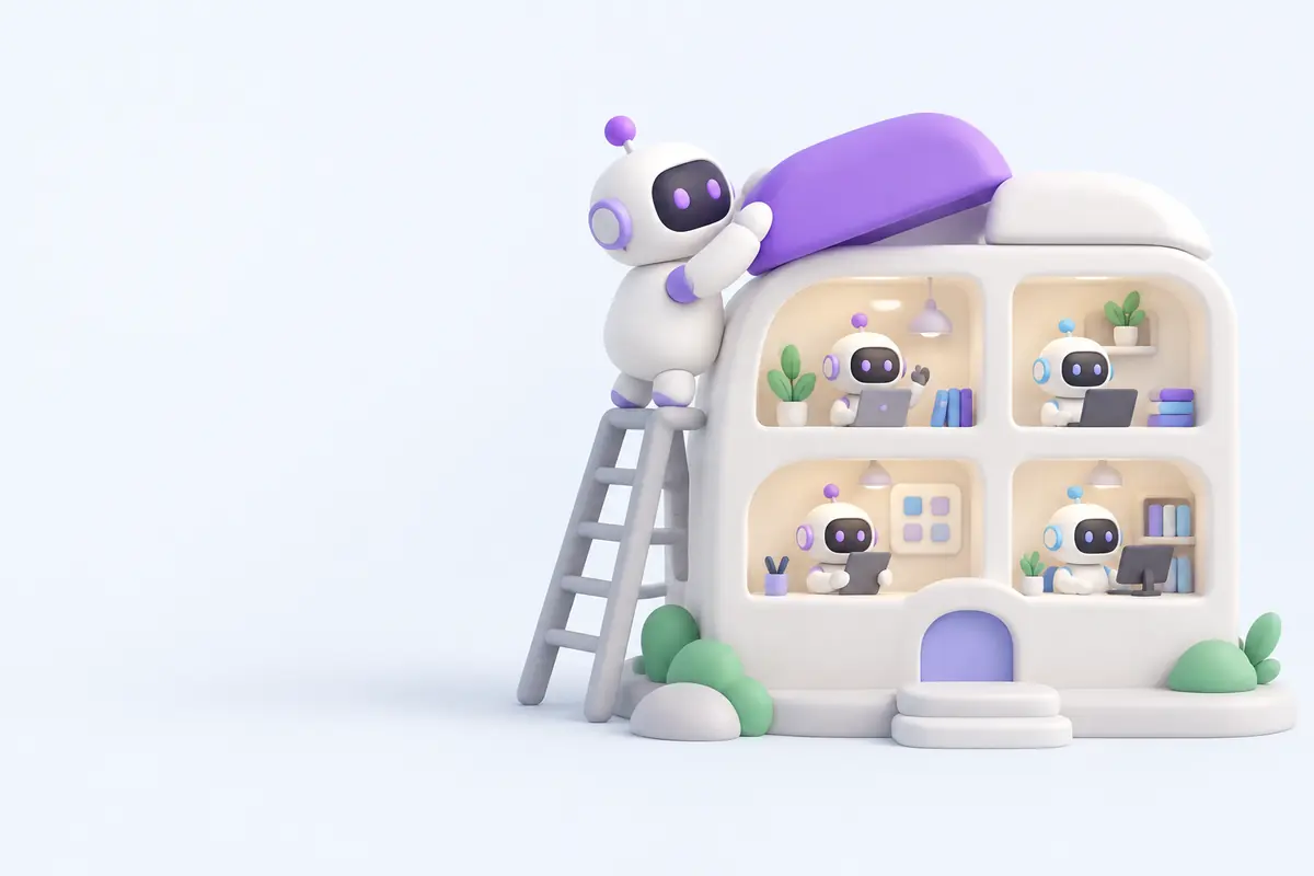 Illustration of an AI teammate placing the roof on a small office building with a teammate in every room