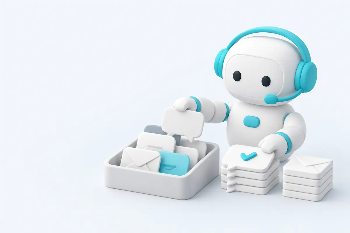 Illustration of an AI support teammate in a headset sorting messages from an inbox into answered stacks