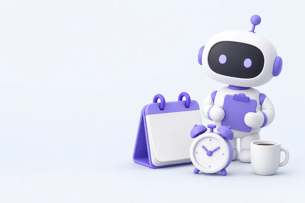 Illustration of an AI executive assistant teammate with a clipboard, desk calendar, alarm clock, and coffee