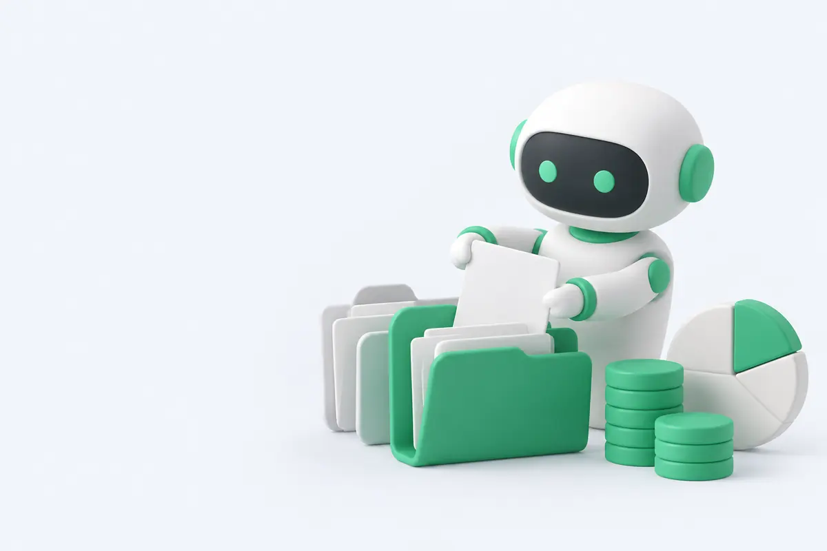 Illustration of an AI finance teammate filing invoices into folders next to coins and a pie chart
