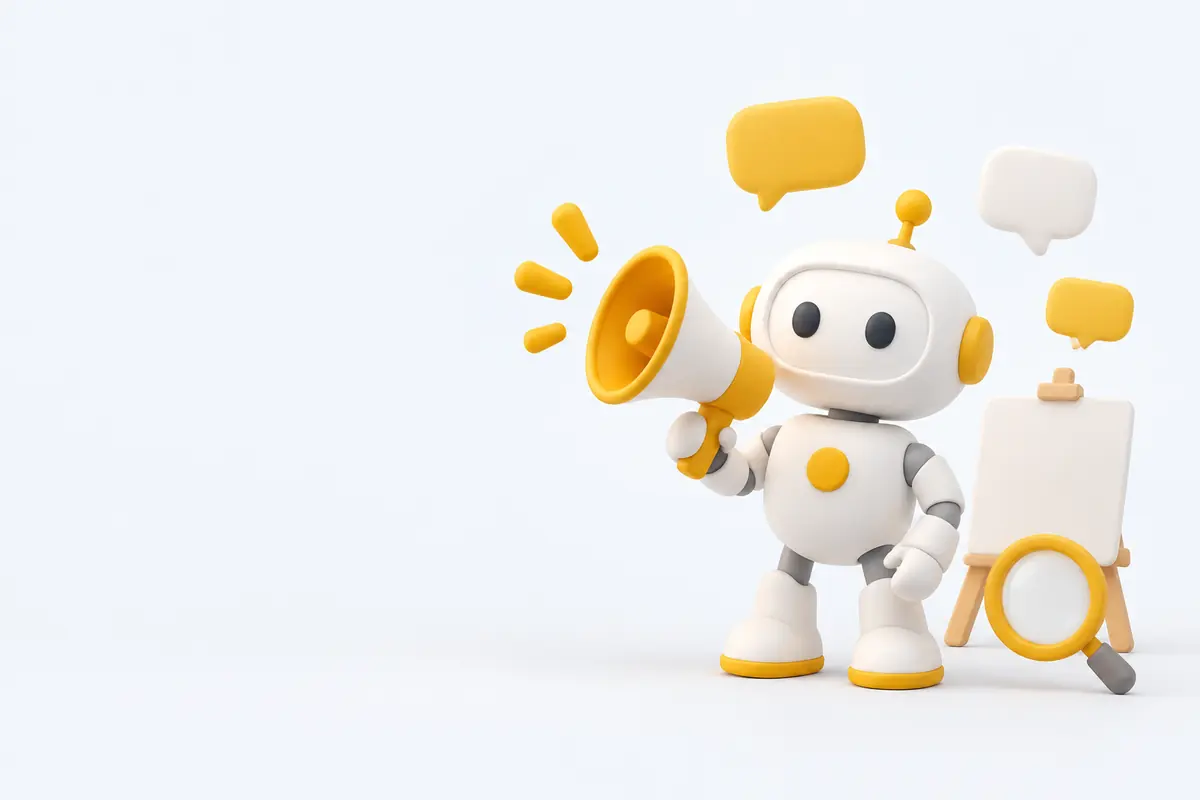 Illustration of an AI marketing teammate with a megaphone, speech bubbles, and a blank canvas