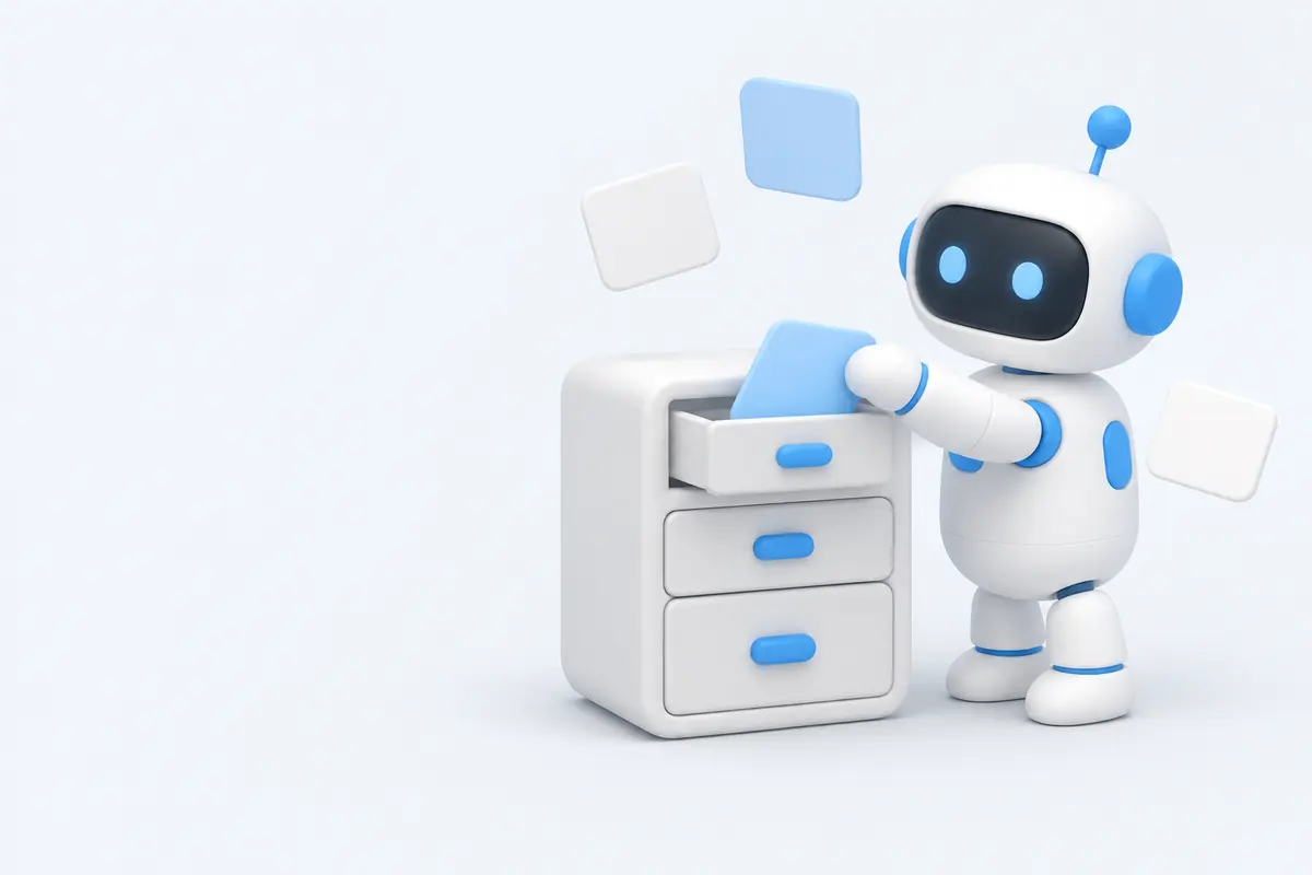 Illustration of an AI teammate filing a note card into a drawer of a memory cabinet