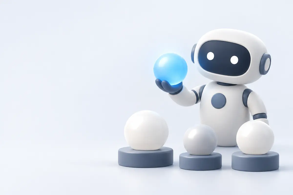 Illustration of an AI teammate picking one glowing orb from several on pedestals, like choosing a model