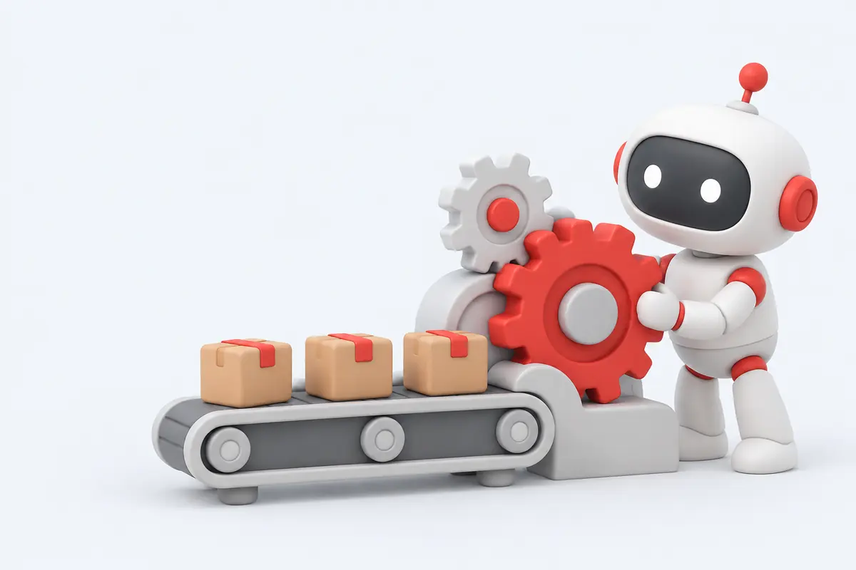 Illustration of an AI operations teammate turning a gear that drives a conveyor belt of parcels