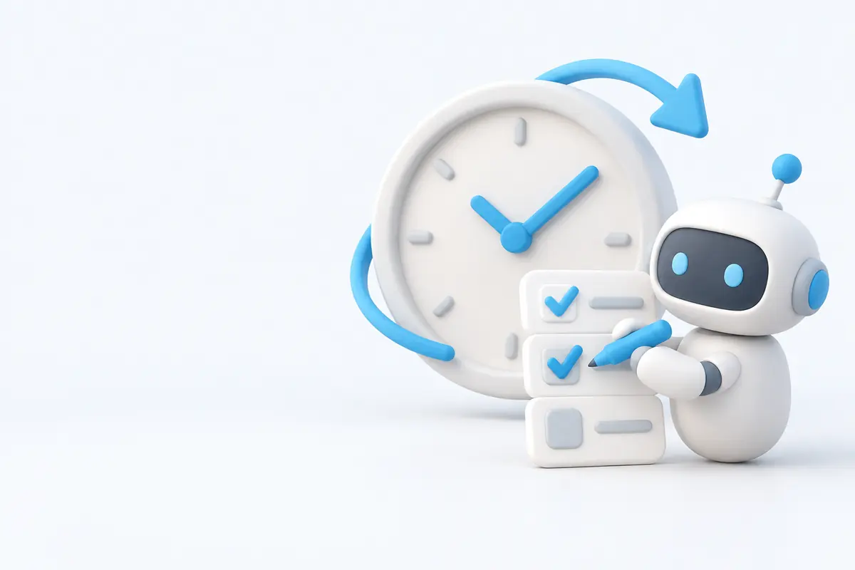 Illustration of an AI teammate ticking off a checklist next to a clock with a repeating arrow