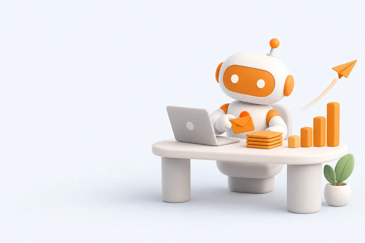 Illustration of an AI sales teammate at its desk with outgoing emails and a rising chart