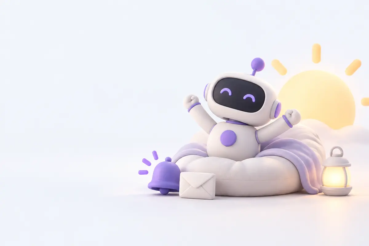 Illustration of an AI teammate waking up at sunrise next to a bell and an envelope