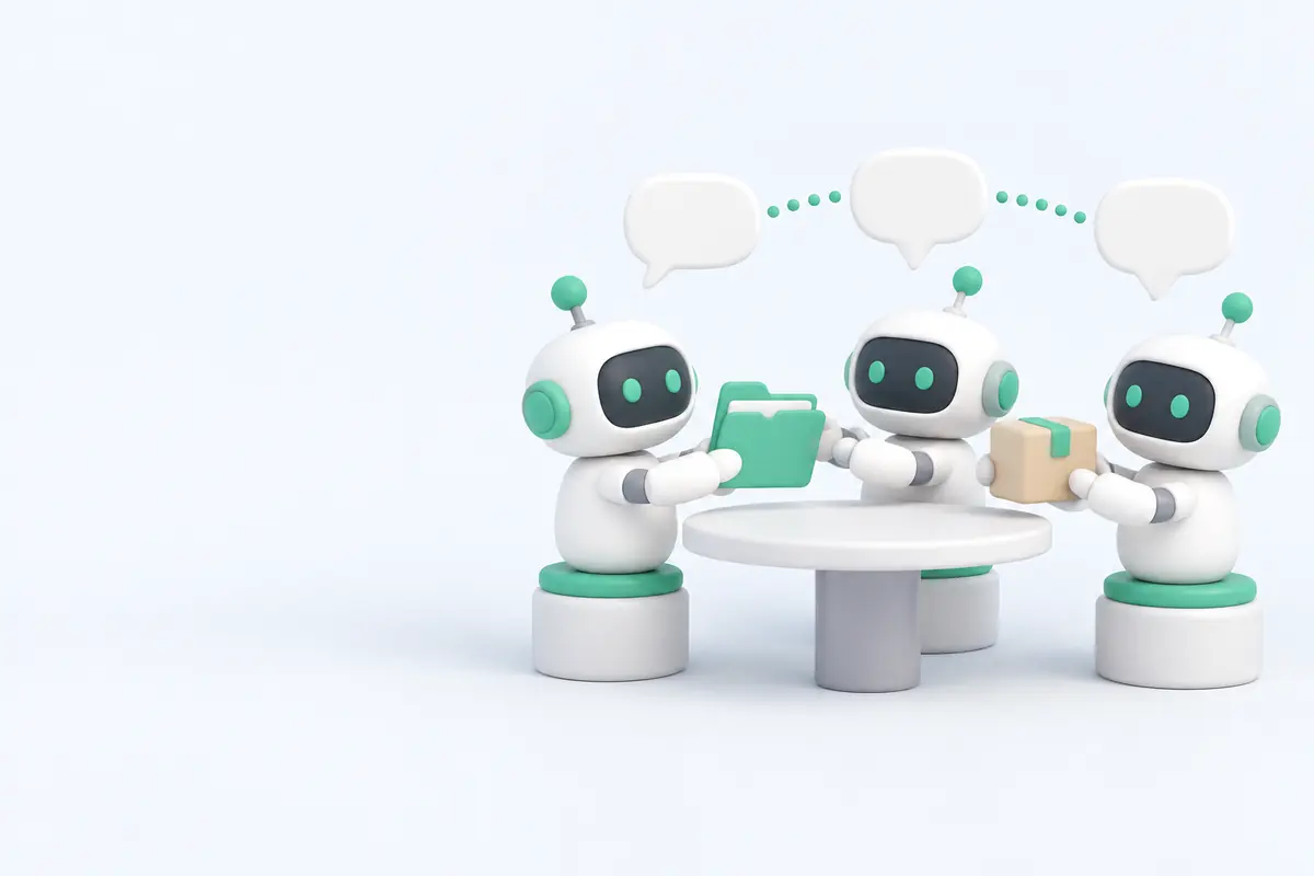 Illustration of three AI teammates around a table handing a folder and a parcel along, with linked speech bubbles above