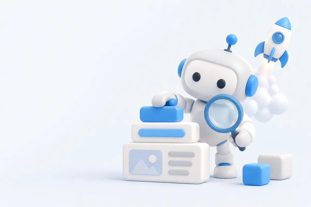 Illustration of an AI website teammate stacking page blocks, holding a magnifying glass, with a rocket taking off